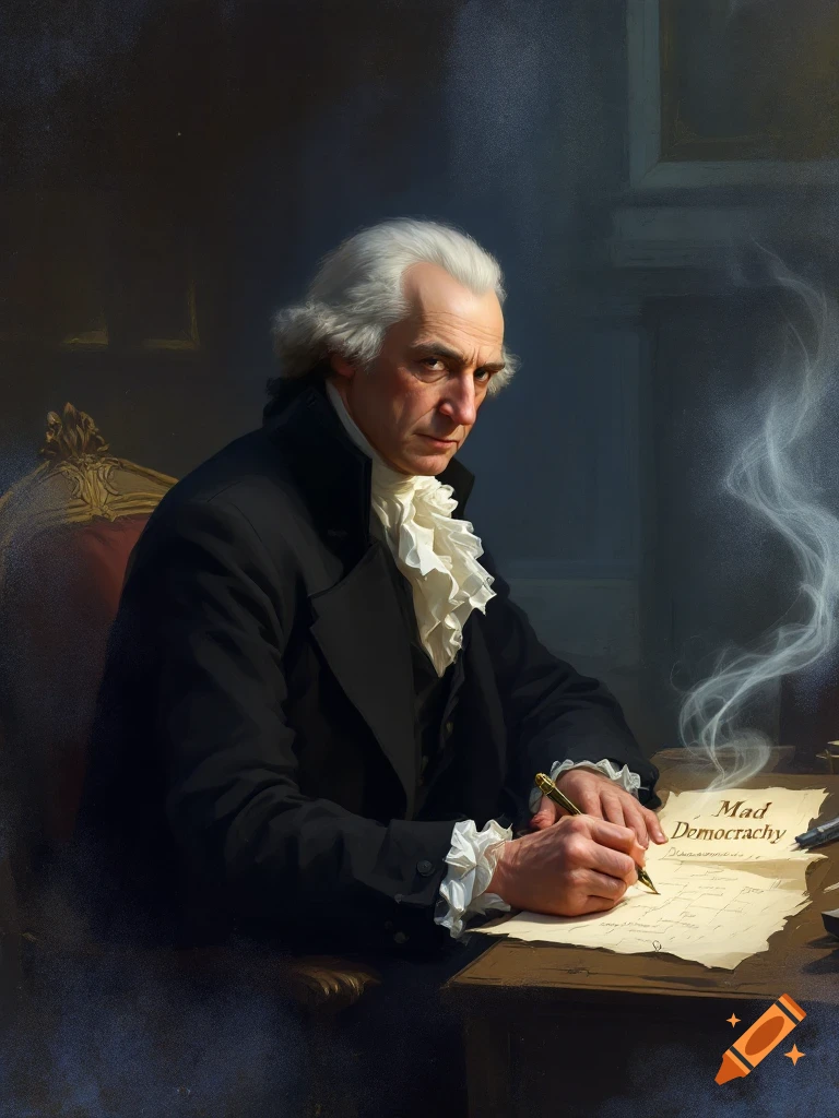 Portrait of a person in historical clothing writing 'Mad Democracy' on parchment