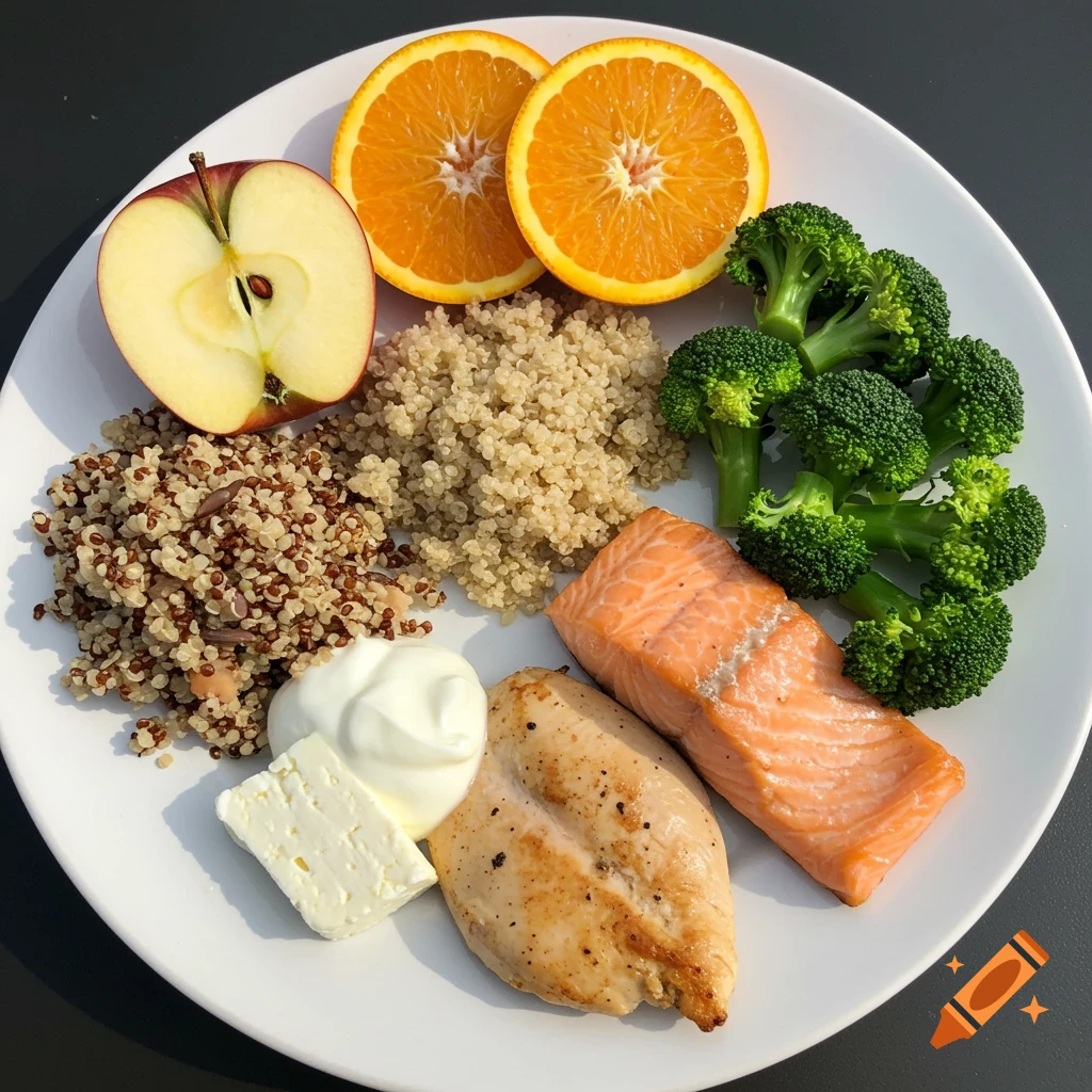 A plate with salmon, chicken, quinoa, broccoli, orange slices, apple, feta cheese, and yogurt.