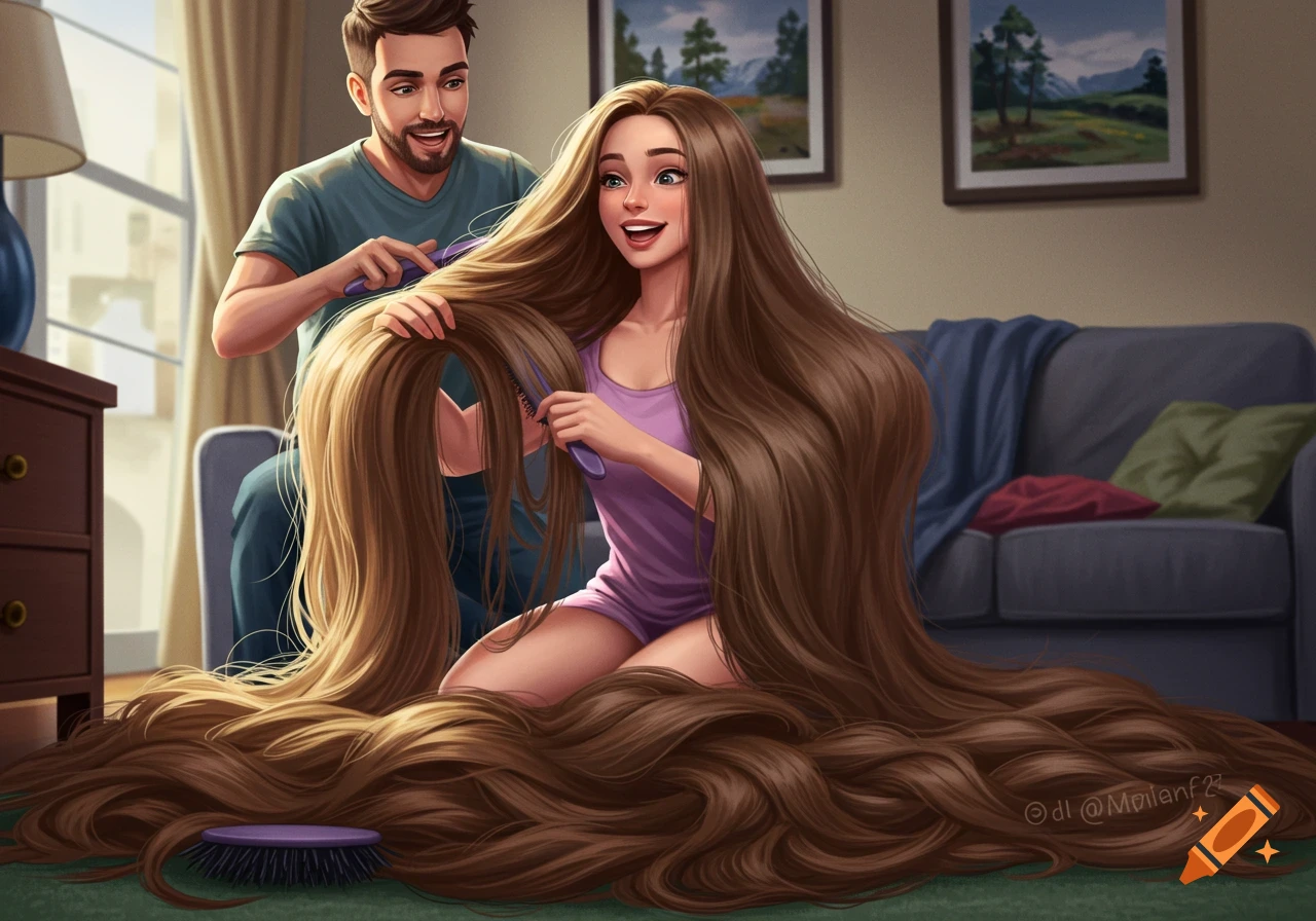 Semi-realistic illustration of a man helping a woman brush her extremely long, voluminous hair in a living room.
