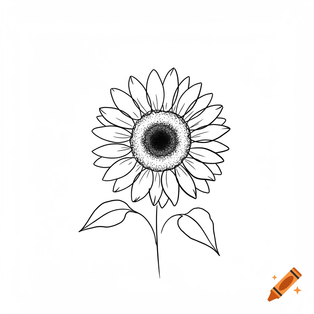Black and white line drawing of a sunflower.