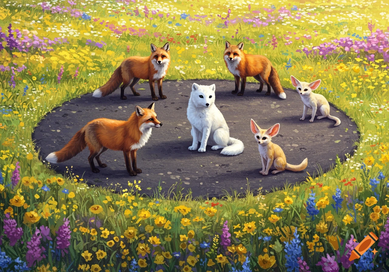 A group of foxes and fennec foxes in an asphalt circle surrounded by a field of colorful flowers.