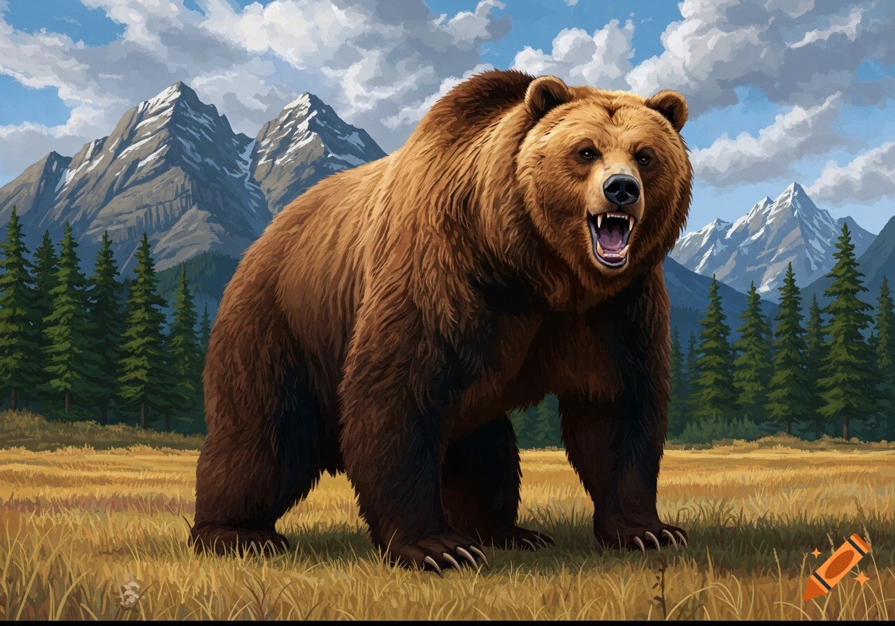 A large brown bear stands in a field with mountains and trees in the background.