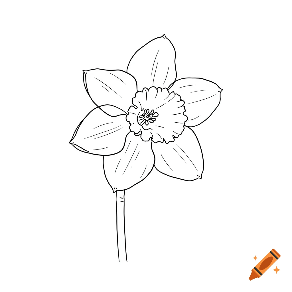 A simple black and white line drawing of a daffodil flower