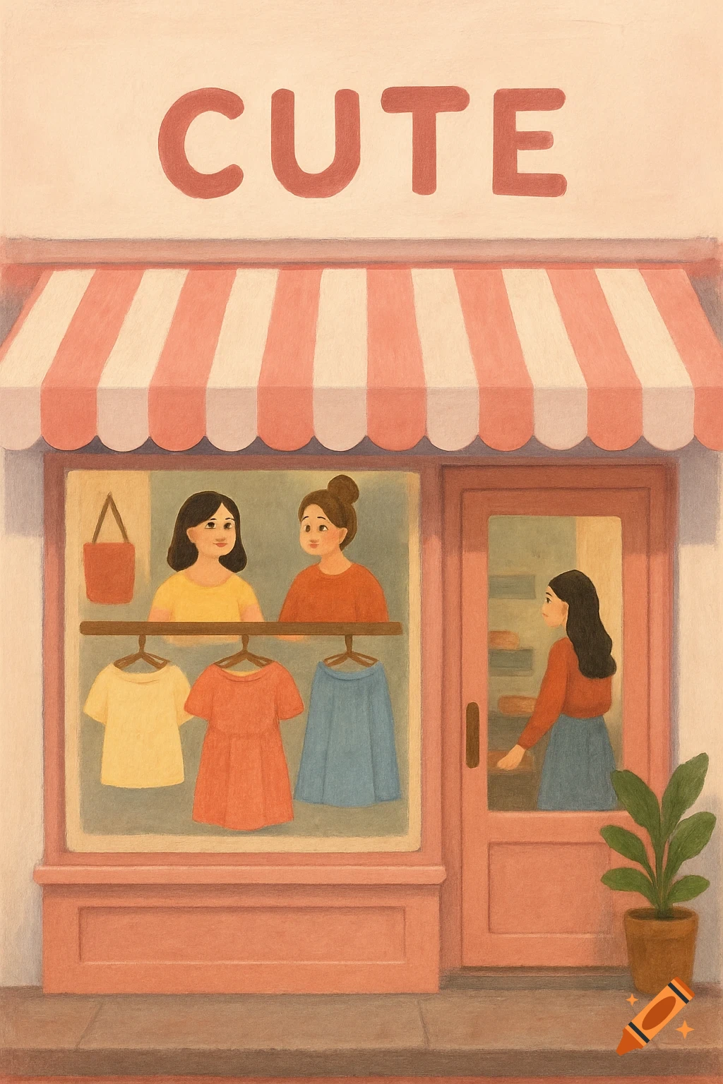 Illustration of a storefront with "CUTE" sign above the window. People and clothes are visible inside.