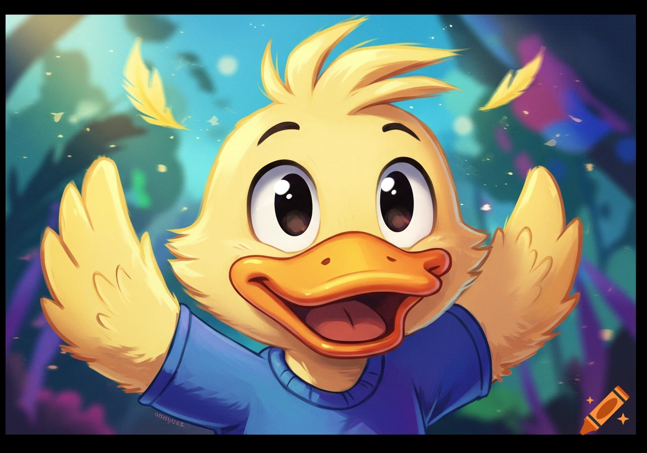 A cheerful cartoon duck with open arms and a wide smile