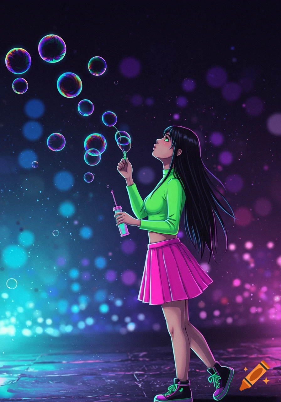 Anime girl blowing colorful bubbles against a dark, sparkly background.