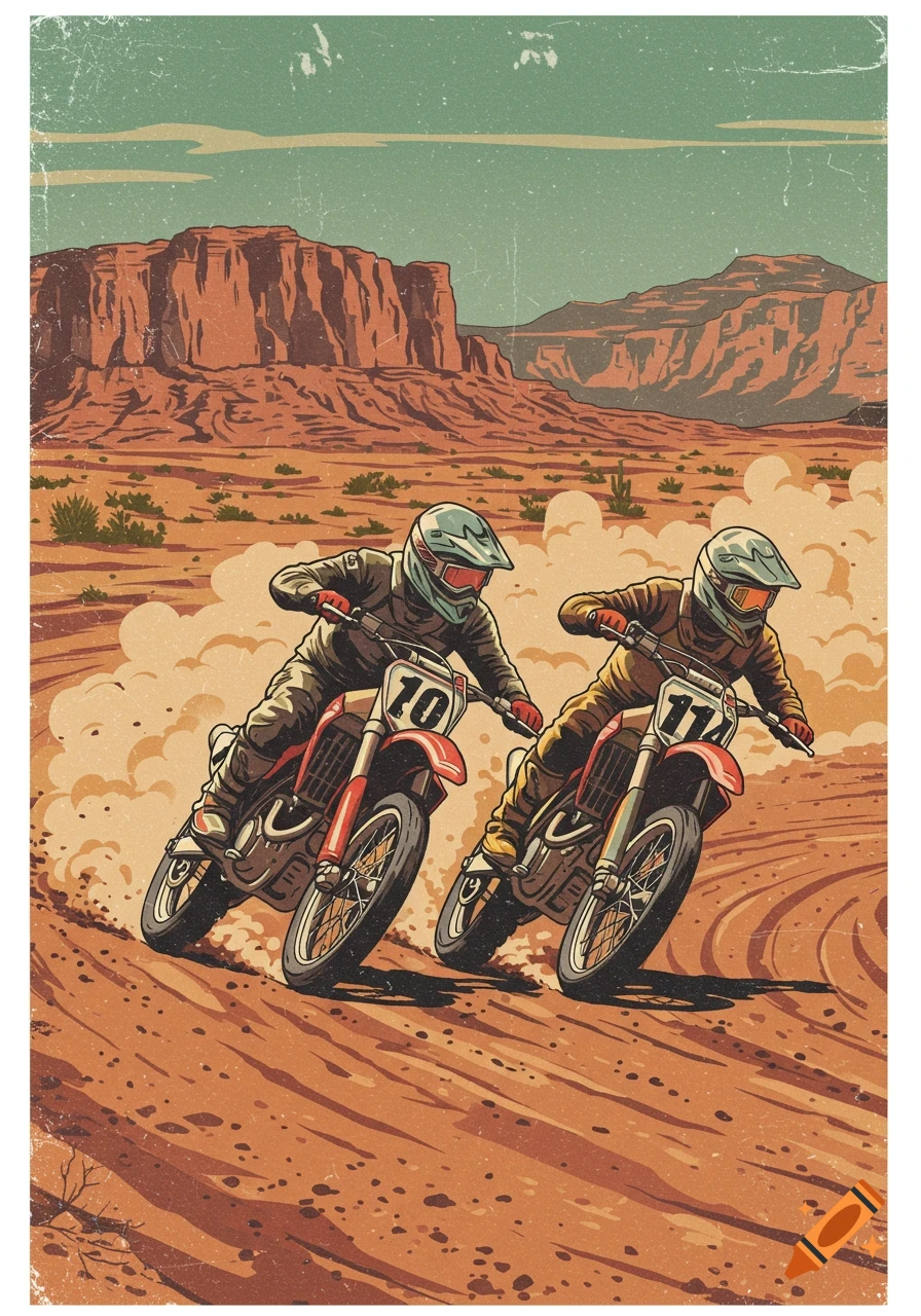 Retro illustration of two dirt bike racers in a desert landscape