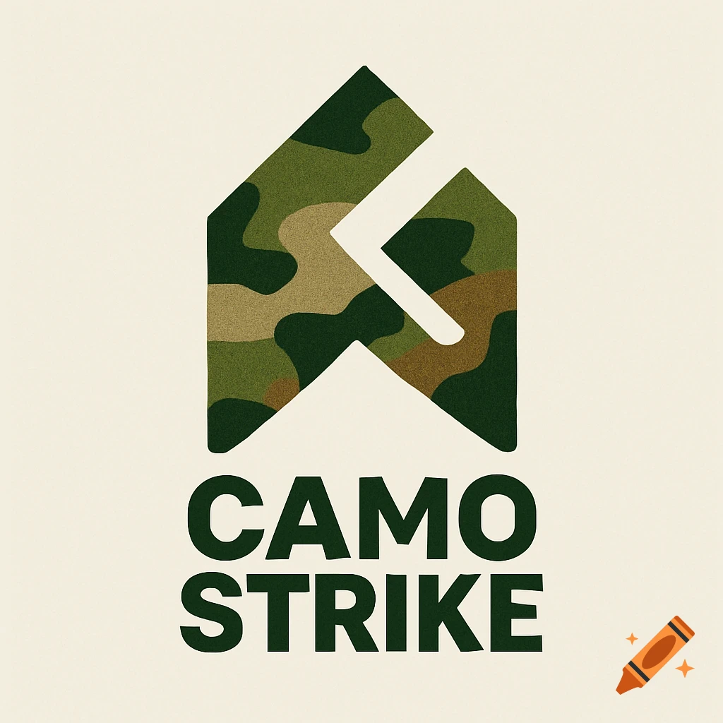 Geometric logo with camouflage pattern above the text "CAMO STRIKE" on a beige background.