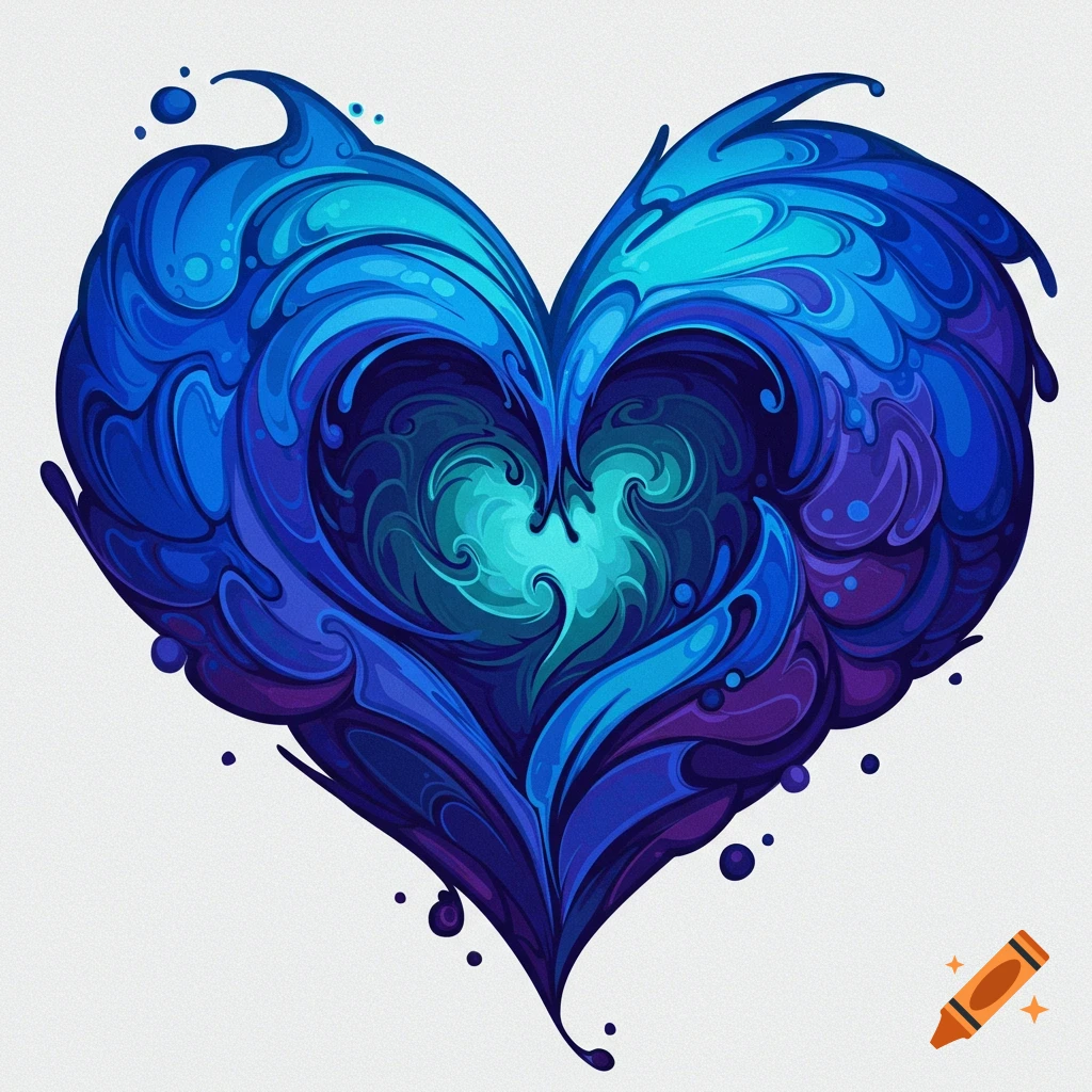 Abstract heart made of flowing blue, teal, and purple paint swirls.