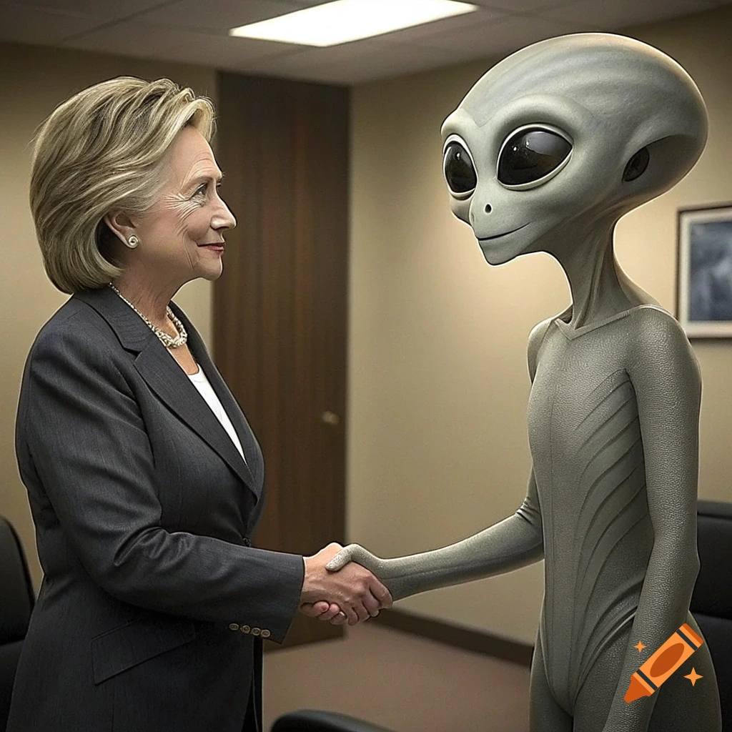 Hillary Clinton shaking hands with a grey alien in an office.