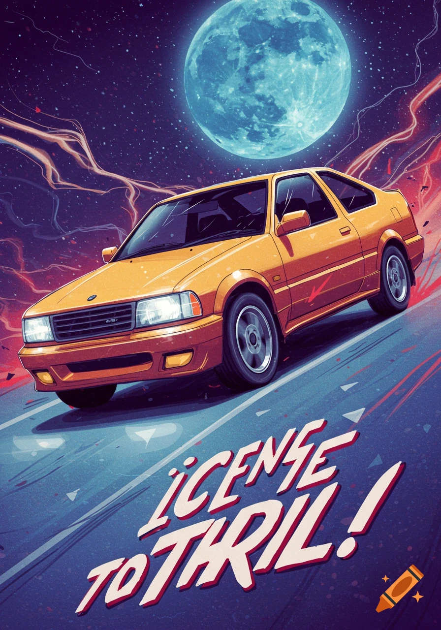 Retro poster of a yellow car driving under a large blue moon with 'License to Thrill' text.