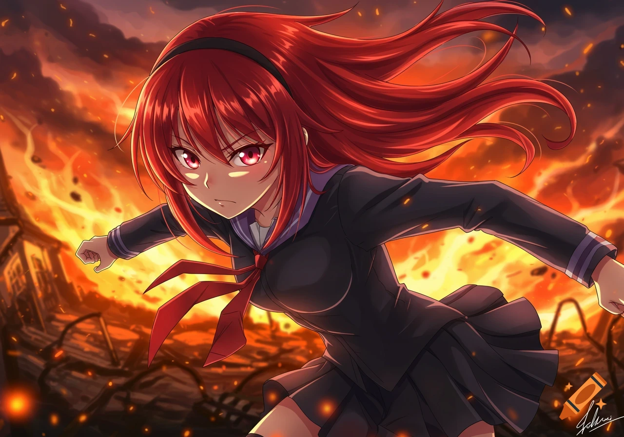 Anime girl with long red hair and a school uniform stands intensely ...