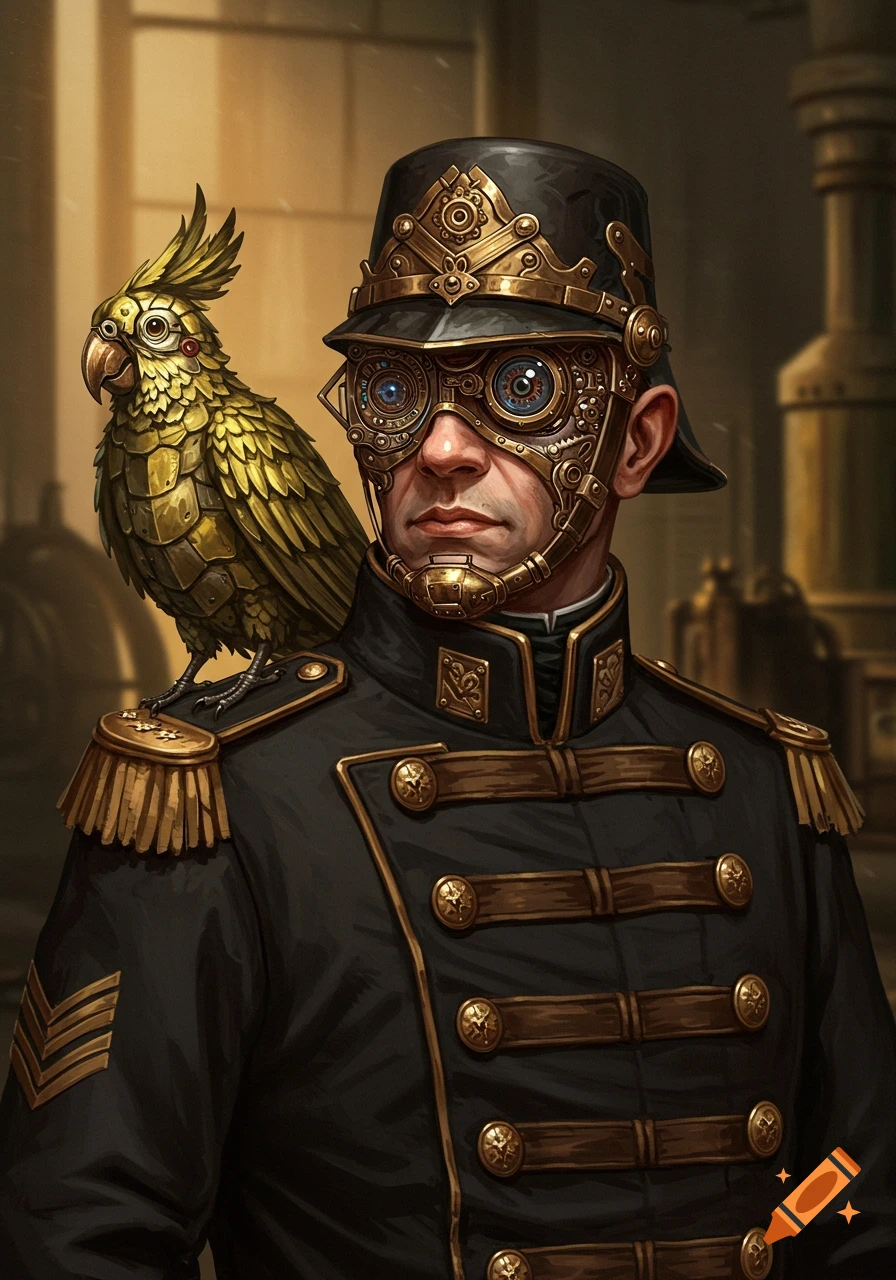 Steampunk portrait of a man in military uniform with goggles and a mechanical parrot on his shoulder.