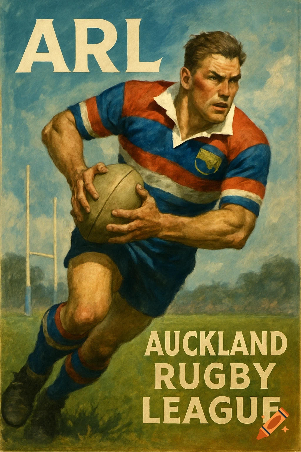 A vintage illustration of a rugby player running with a ball, with text ARL and Auckland Rugby League.