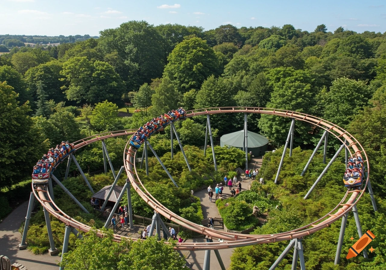 Aerial view of a rollercoaster looping through green trees with people riding