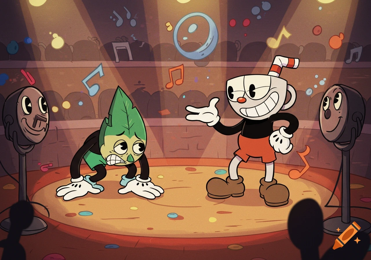 Cuphead and a leaf character face off on stage in a rubberhose style rap battle.