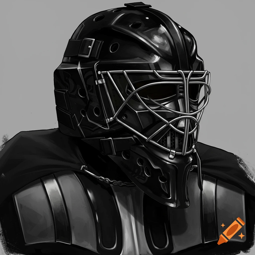 A hockey goalie helmet designed like Darth Vader's helmet.