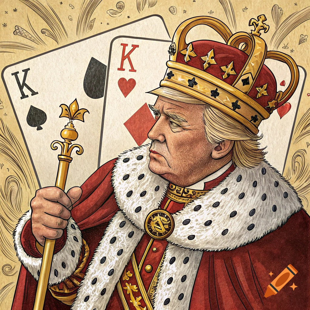 Illustration of Donald Trump depicted as a king on a playing card, holding a scepter