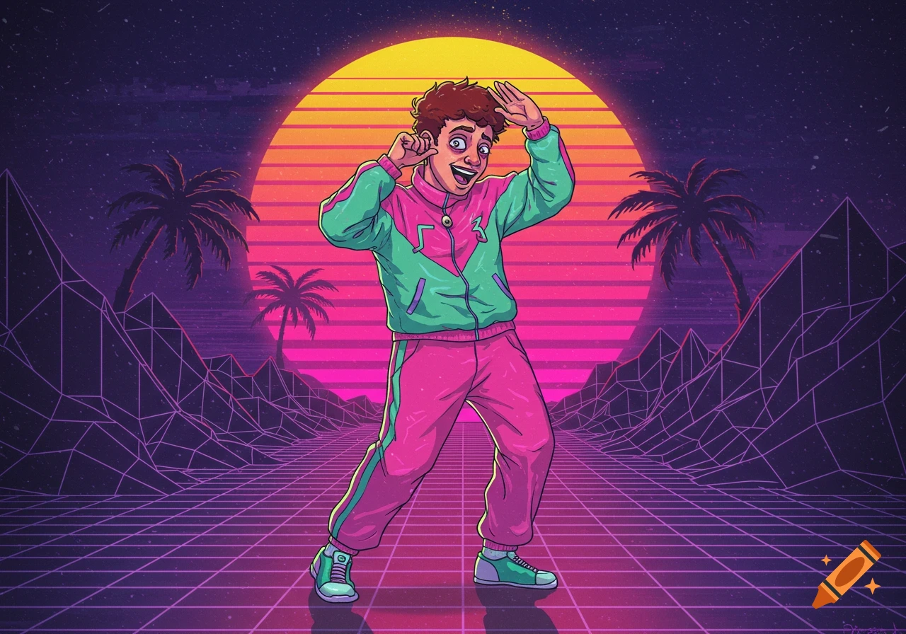 A cartoon person in a pink and teal 80s tracksuit dances in front of a synthwave sunset and grid landscape.
