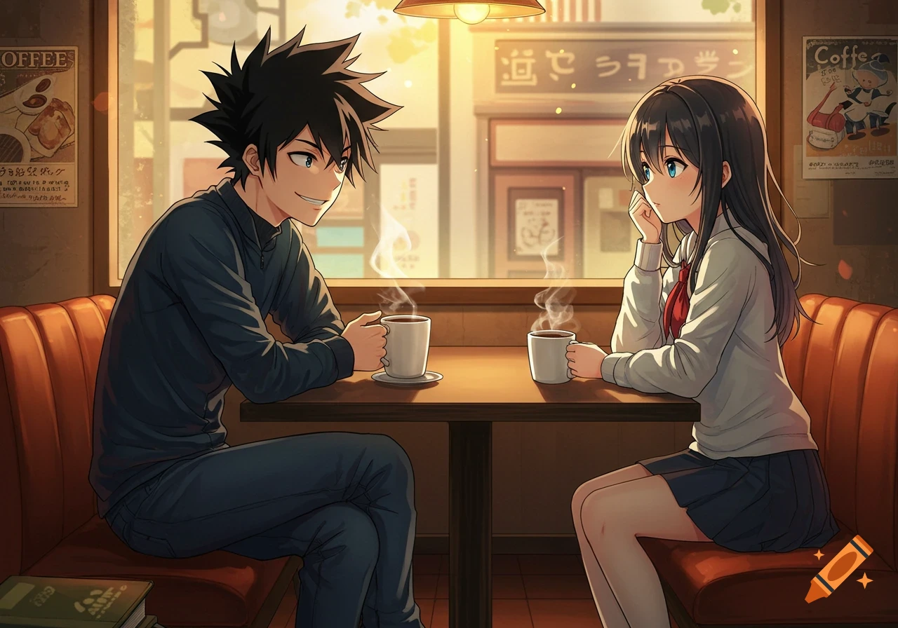 Anime couple talking in a cafe, drinking coffee.