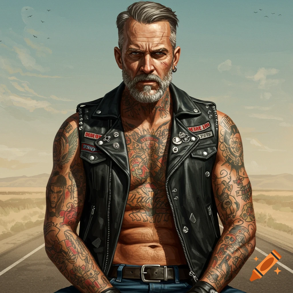 Handsome man with grey beard and tattoos wearing a leather vest, sitting on a road in a desert.