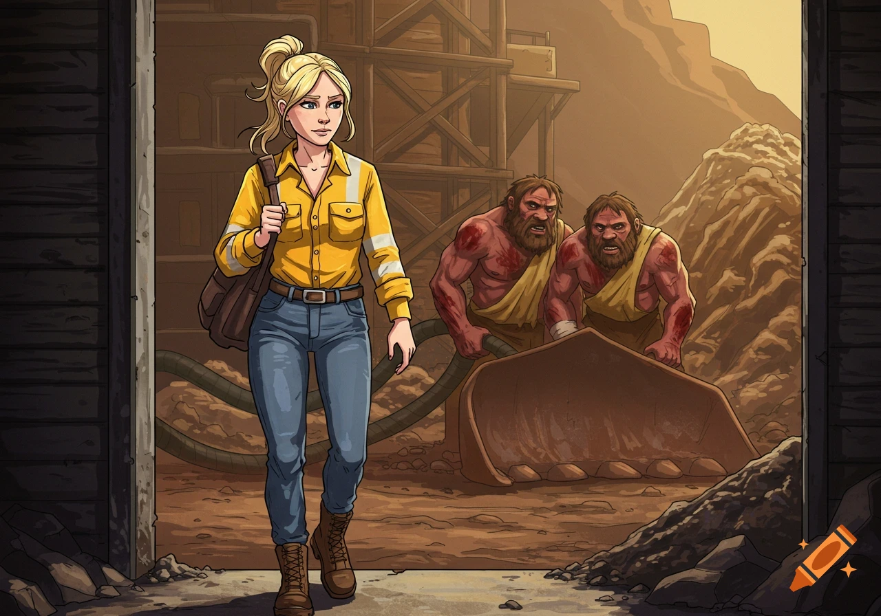 Illustrated image of a woman in high-vis shirt leaving a mine site, with muscular men using equipment in the background.