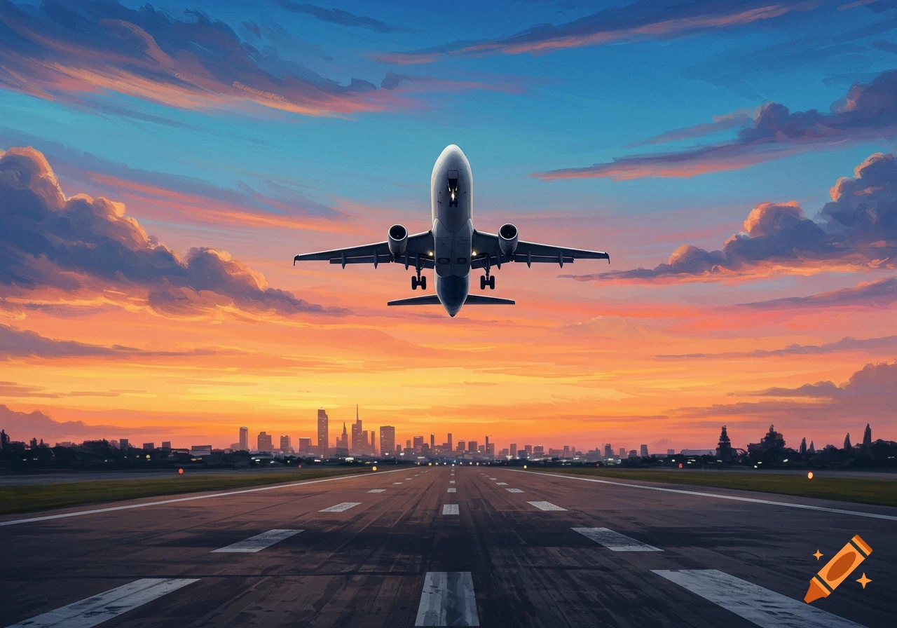 Airplane taking off from a runway at sunset over a city skyline in a painted style.