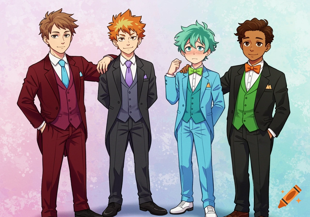 Four anime boys in colorful tuxedos standing together.
