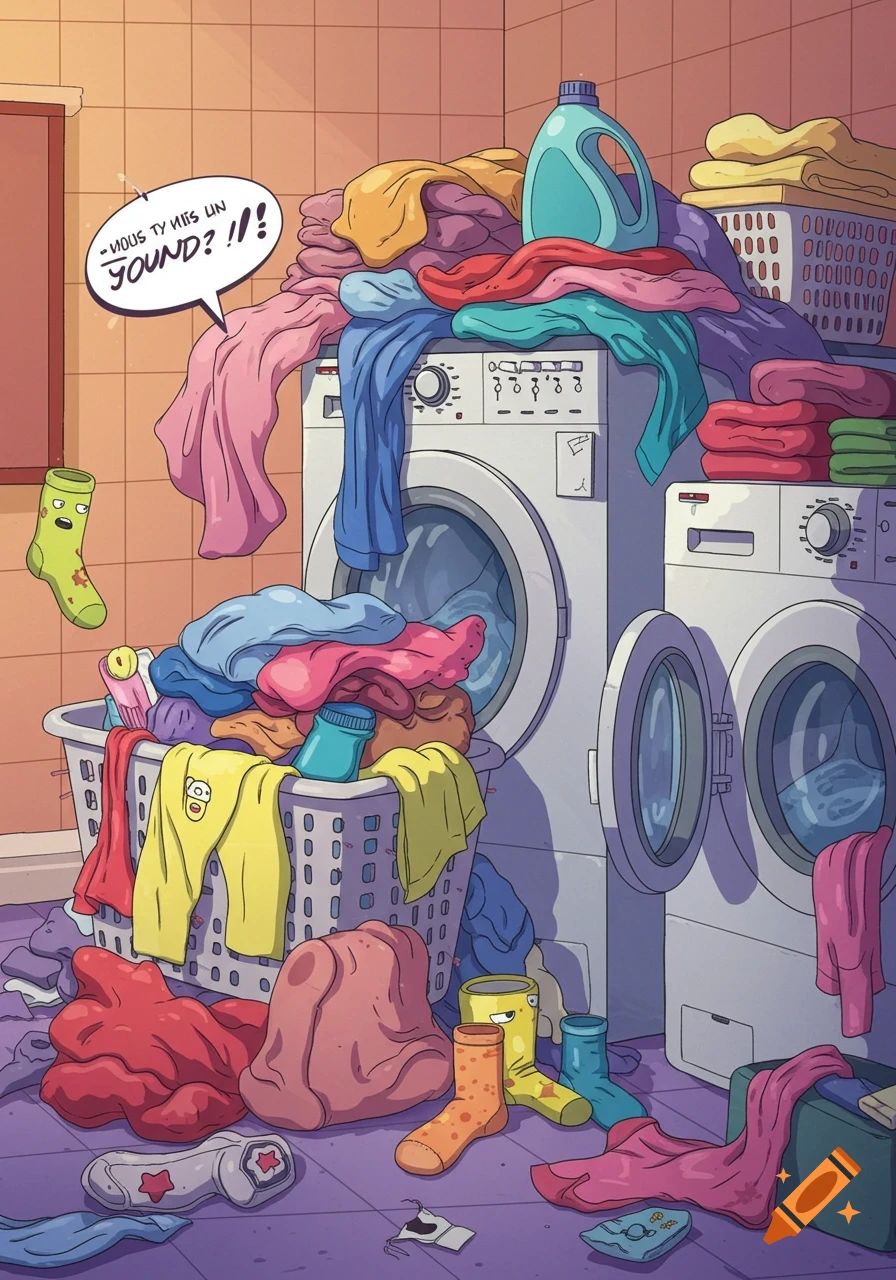 A cluttered cartoon laundry room with two washing machines, laundry baskets overflowing with colorful clothes, and several anthropomorphic socks with faces lying around.
