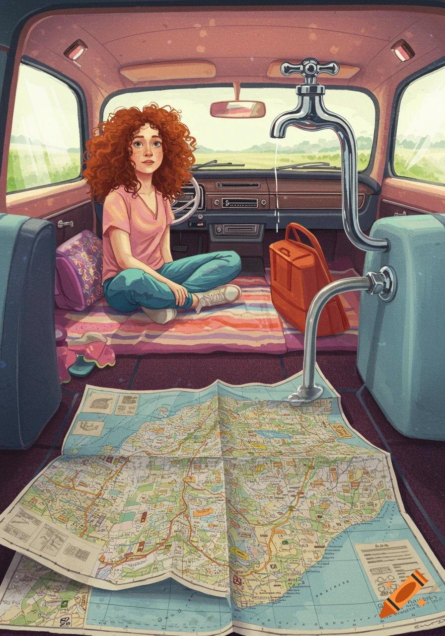 An illustration of a woman sitting in a car interior with a map on the floor and a large tap.