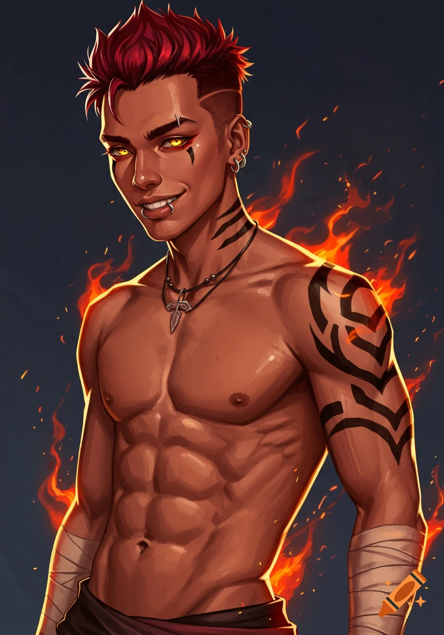 Muscular fantasy character with red spiked hair, tattoos, piercings, and  yellow eyes, surrounded by fire, illustration. on Craiyon, image size:896x1280
