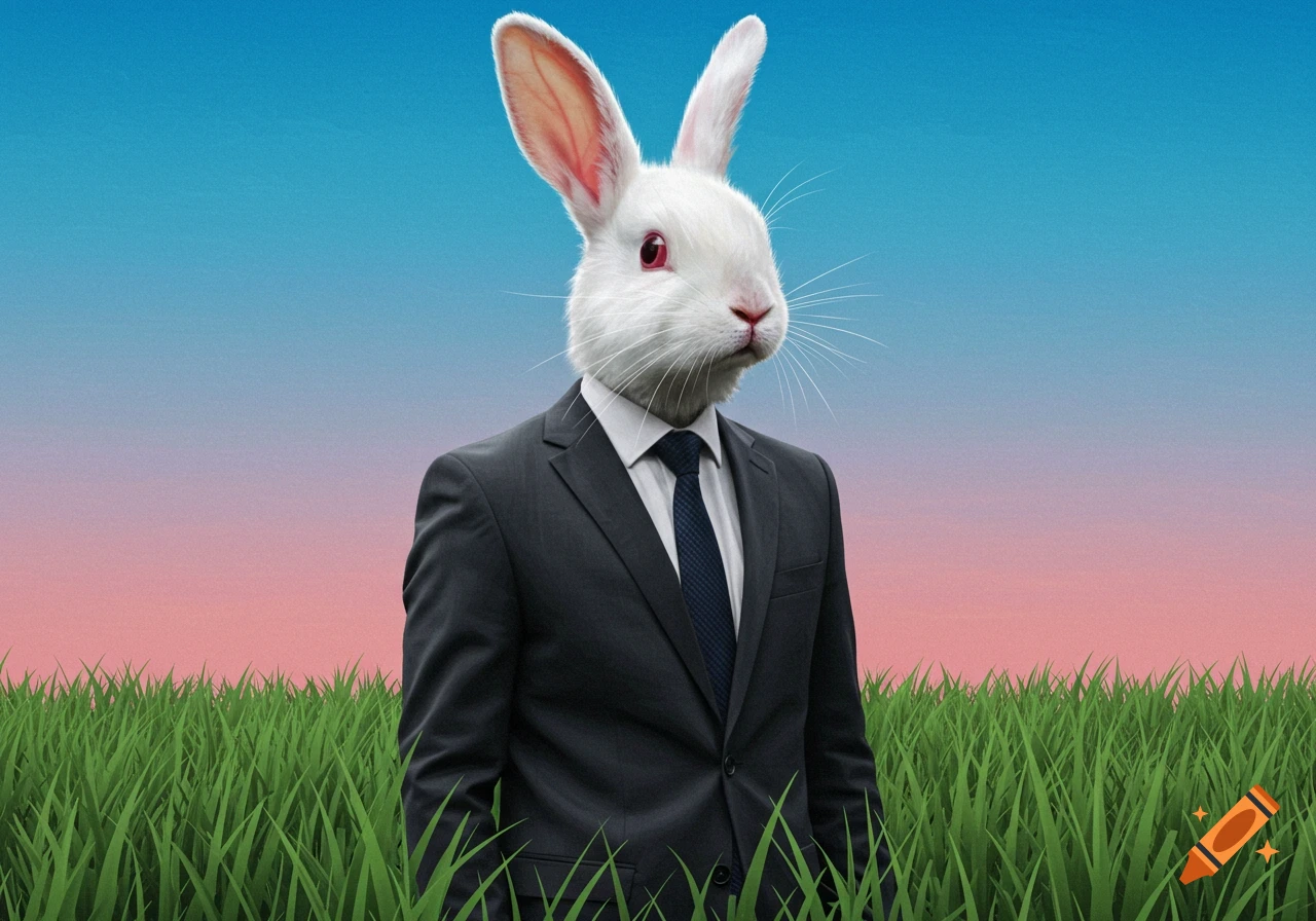 A person with a white rabbit head wearing a suit stands in tall grass under a twilight sky.