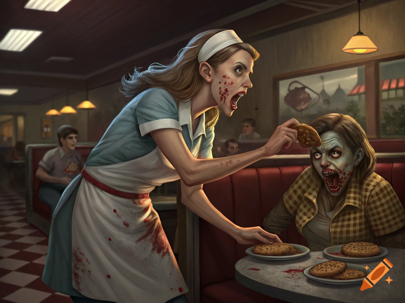 Illustration of a blood-splattered waitress feeding a cookie to a zombie in a diner.