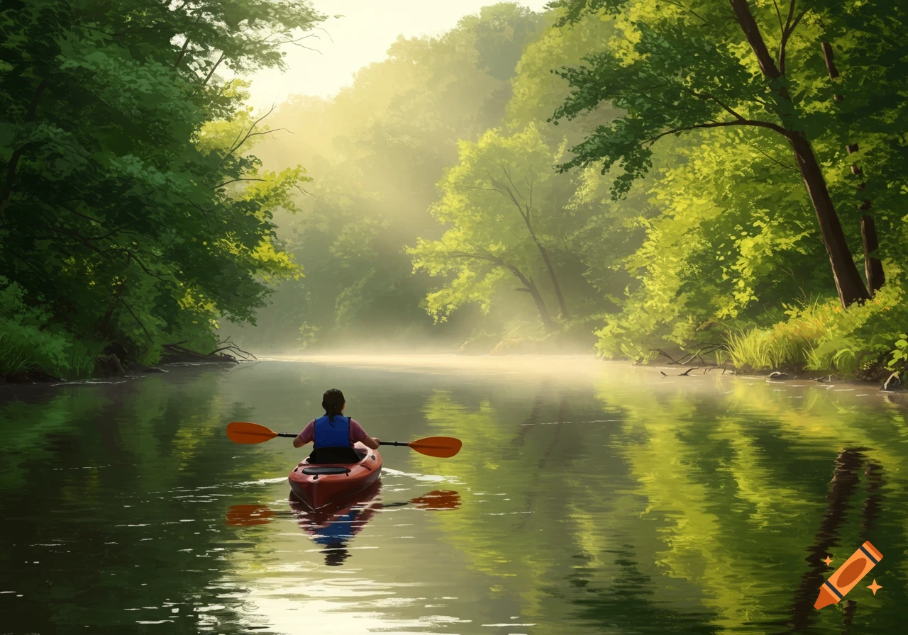 Person kayaks down a misty river surrounded by green trees in morning sunlight