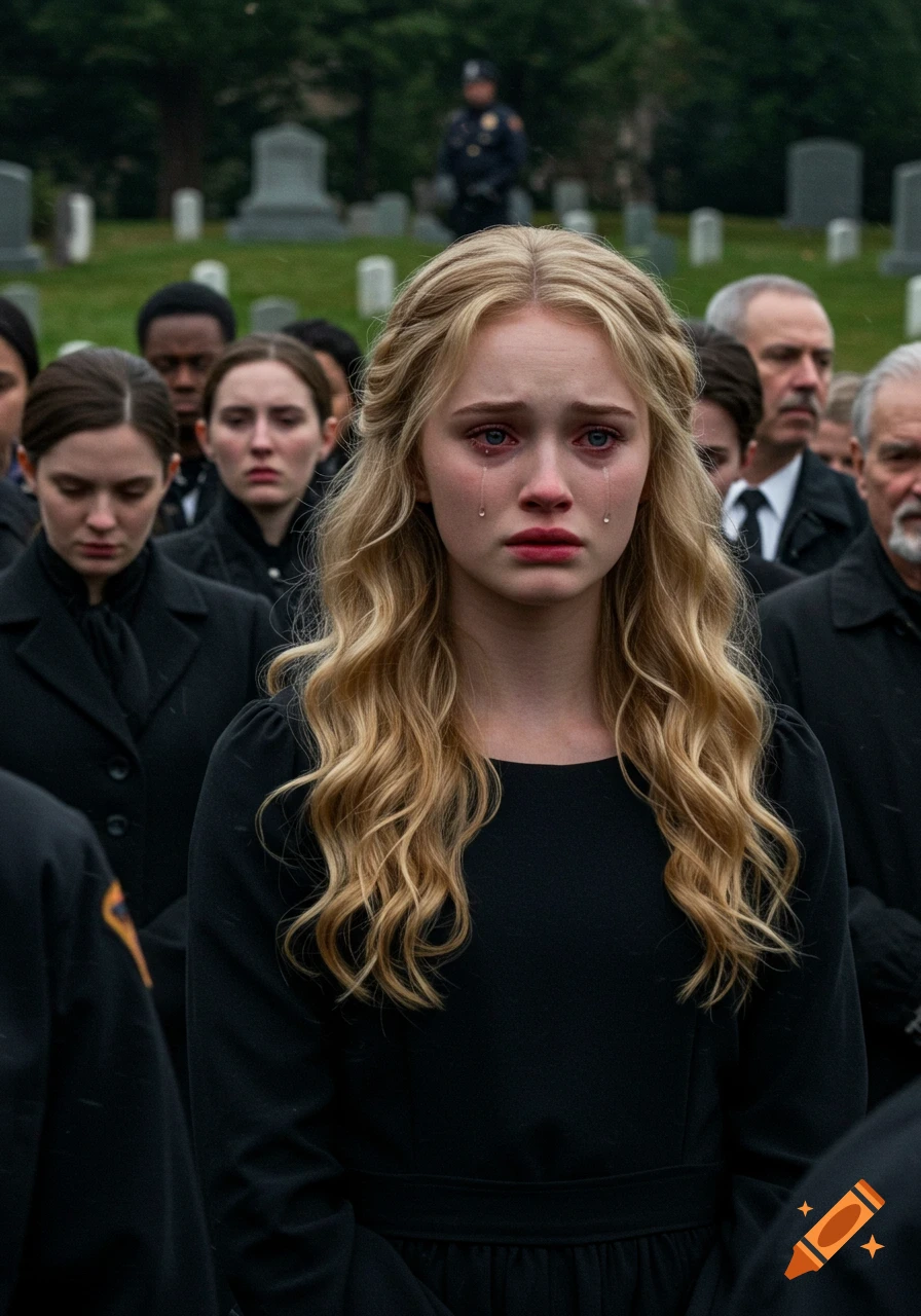 A young woman with blonde hair cries at a crowded funeral, wearing a black dress.