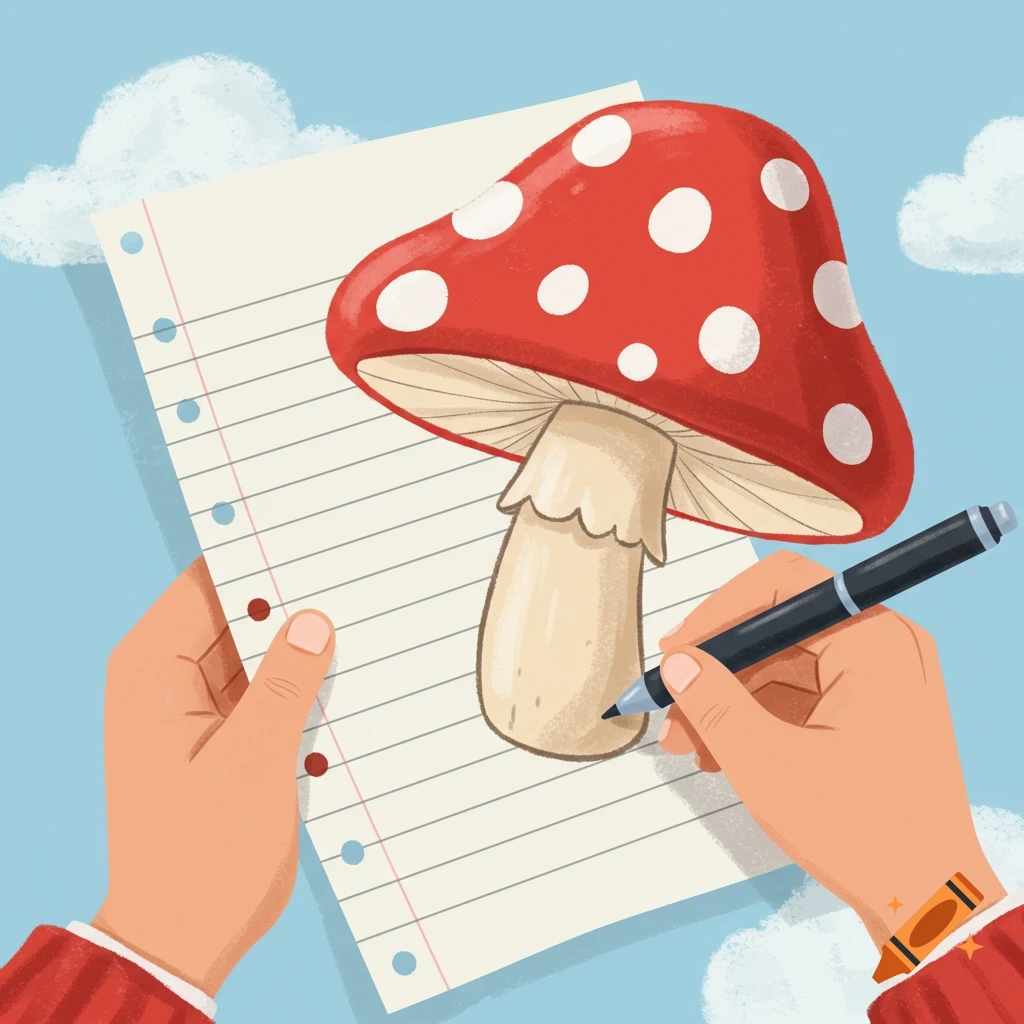 Illustration of hands drawing a red and white mushroom on lined paper with a pen