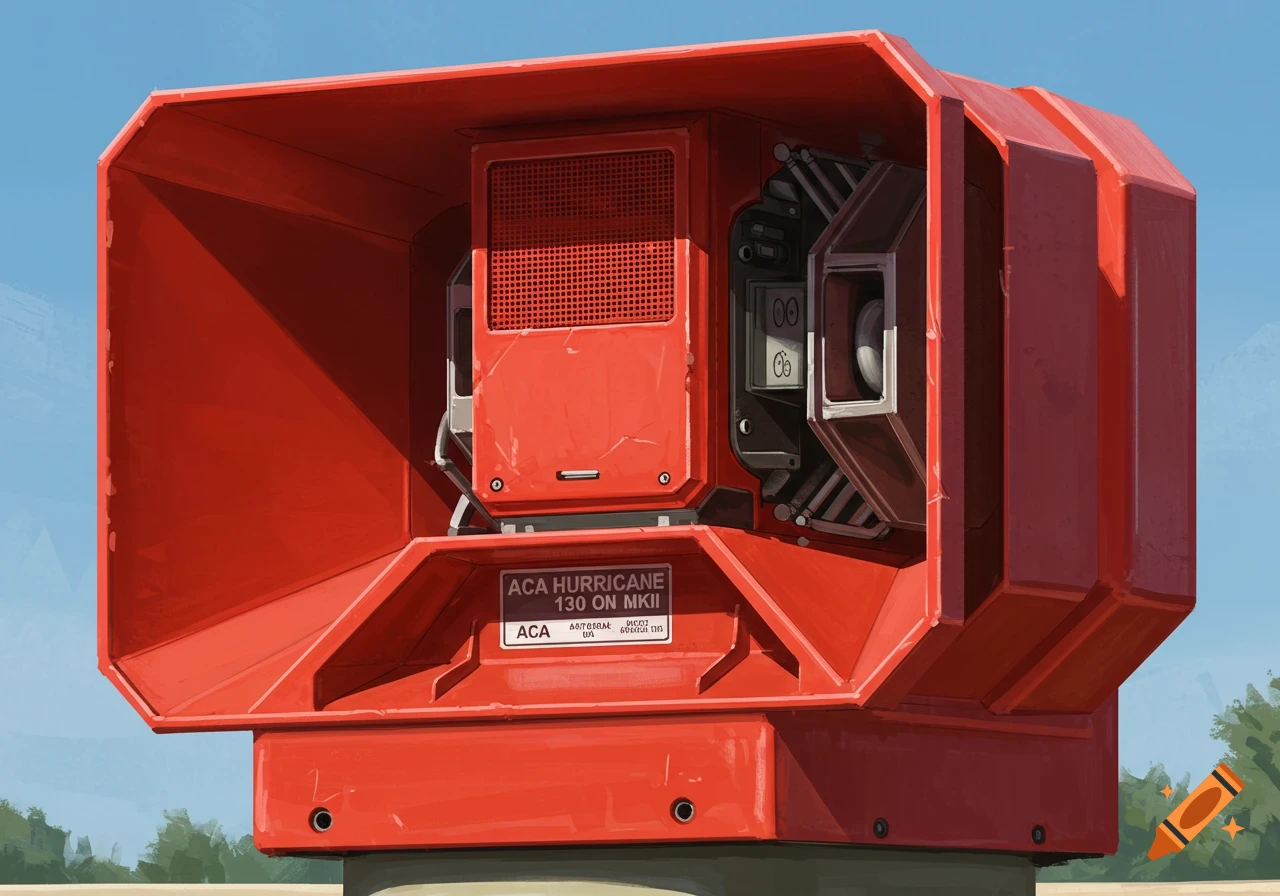 A detailed rendering of a red industrial siren.