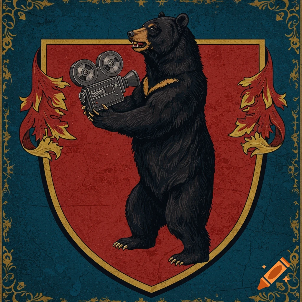 Heraldic crest of a black bear holding an antique video camera