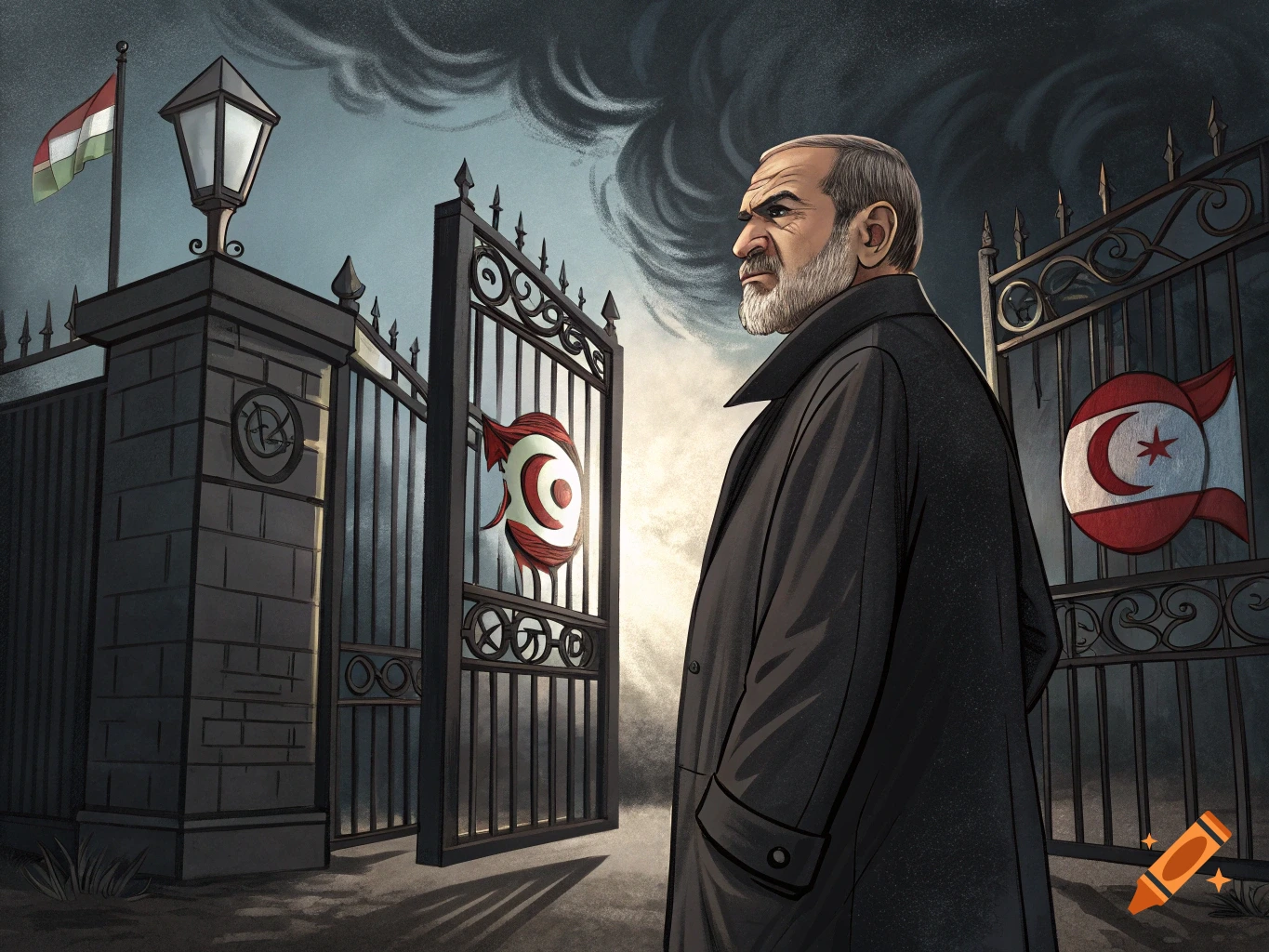An illustration of a man in a coat standing outside ornate gates with flags.
