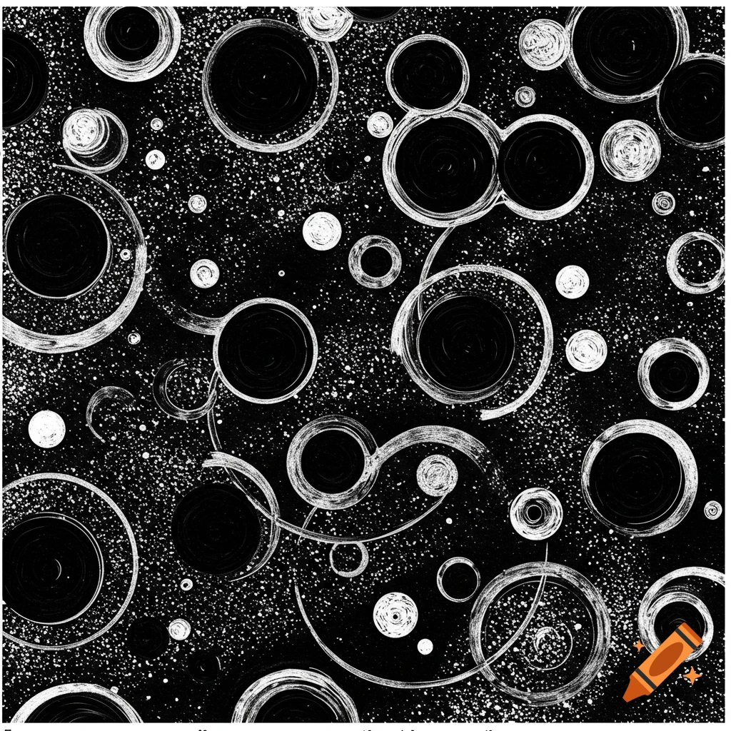 An abstract black and white pattern of circles and curved lines of varying sizes with speckled dots.