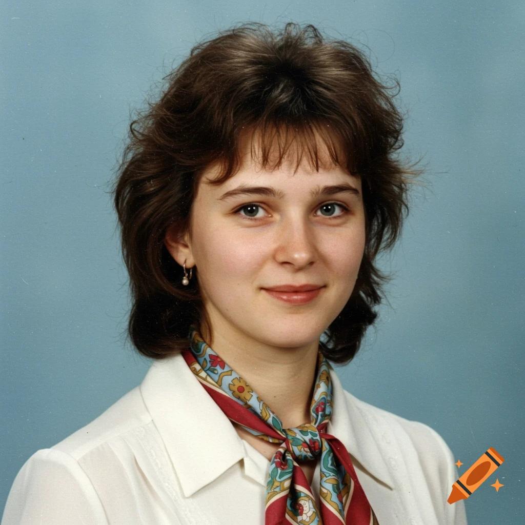 Young woman with brown hair wearing a white shirt and scarf, against a blue background in a 90s yearbook photo style.
