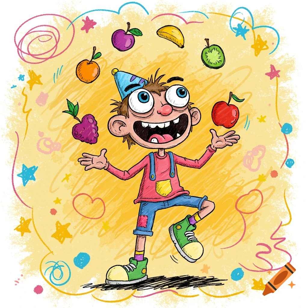Silly cartoon drawing of a boy with a party hat juggling fruit.