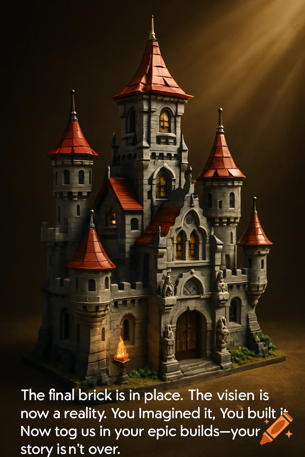 A detailed miniature castle with red roofs and stone walls.