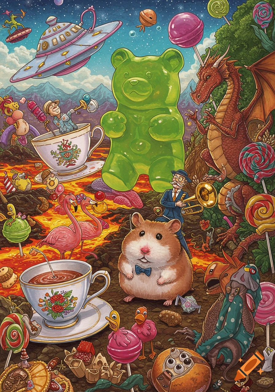 Whimsical illustration of a giant gummy bear, dragon, hamster, flamingos, spaceships, and lollipops in a surreal landscape.