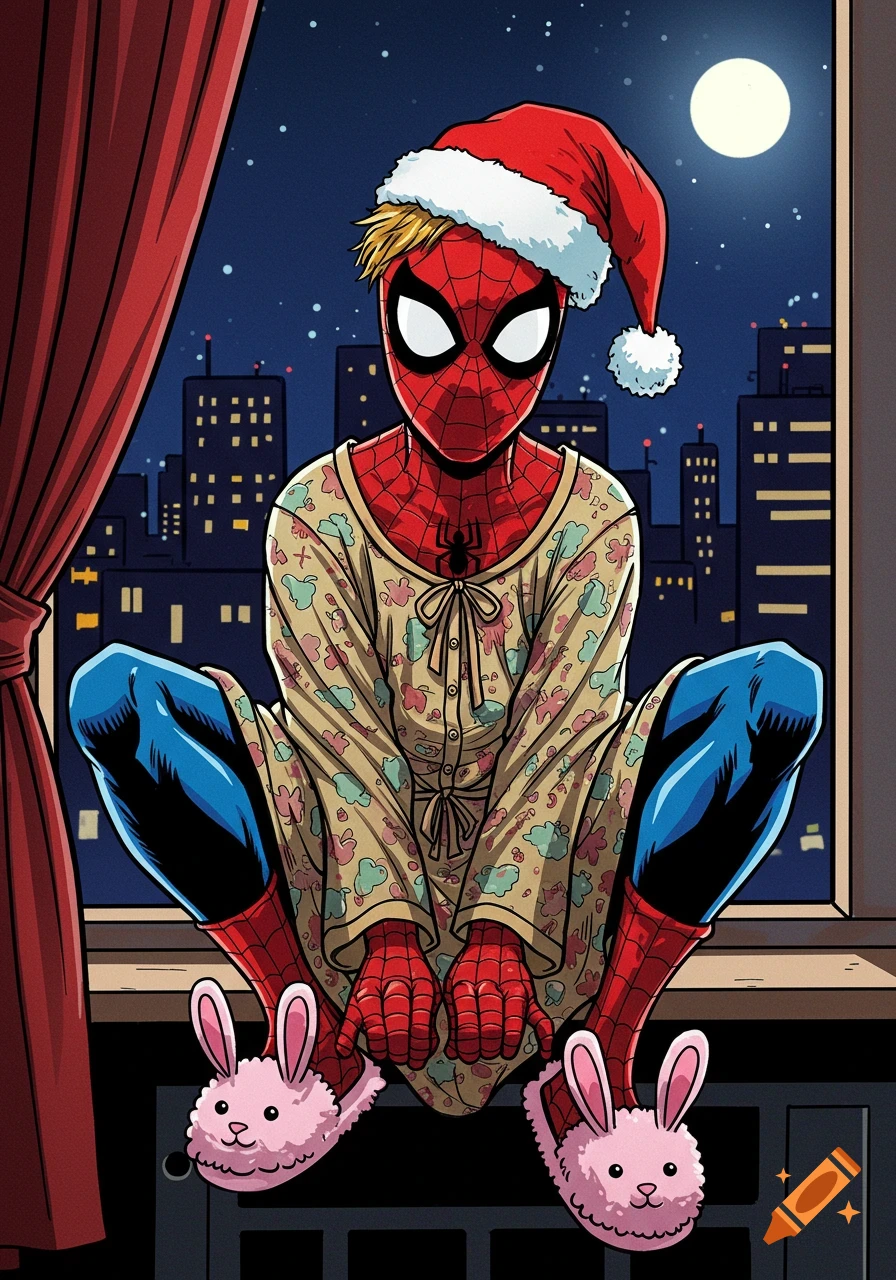 Spiderman wearing pajamas, bunny slippers, and a Santa hat on a window ledge overlooking a city at night.