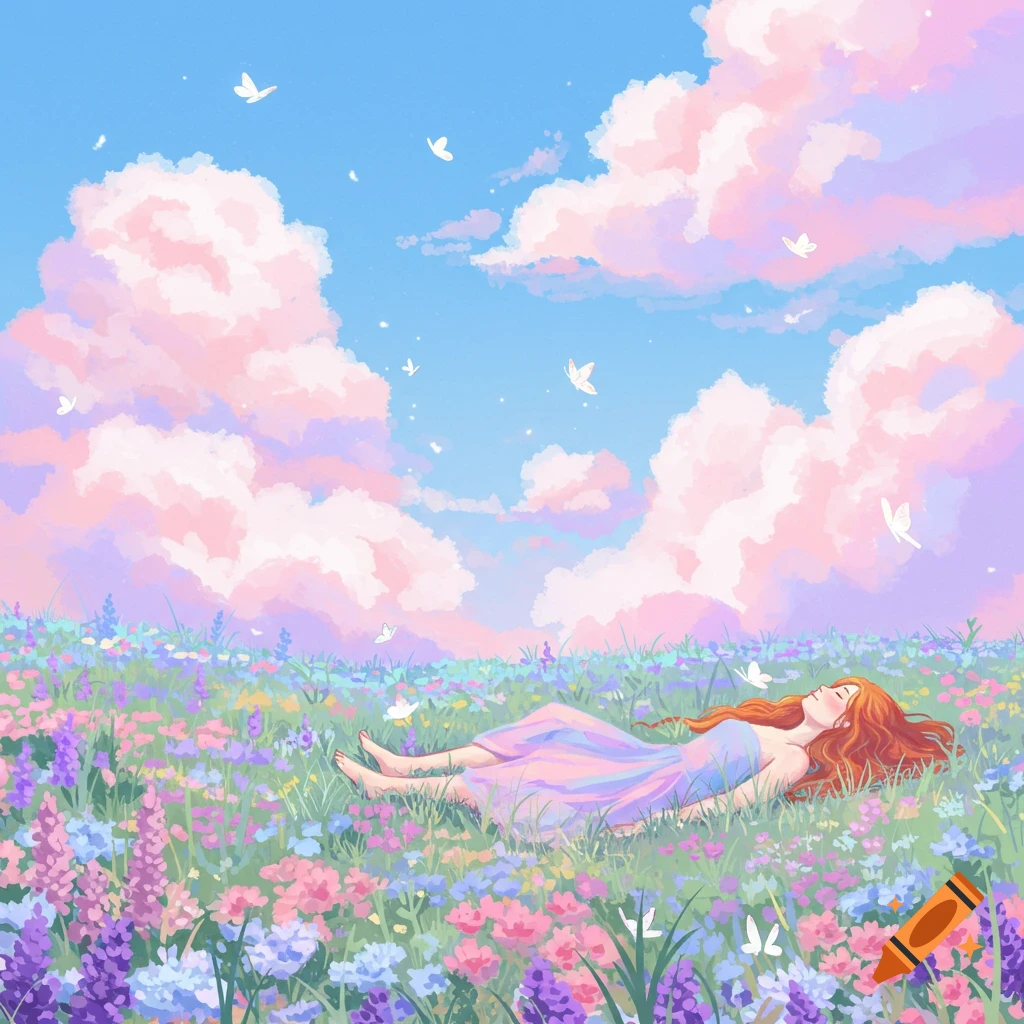An illustration of a woman with red hair lying in a field of colorful flowers under a pastel sky with pink clouds and butterflies.