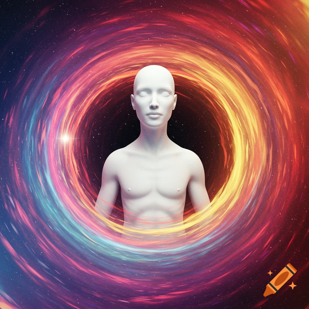 A featureless white figure stands in a swirling colorful cosmic vortex.