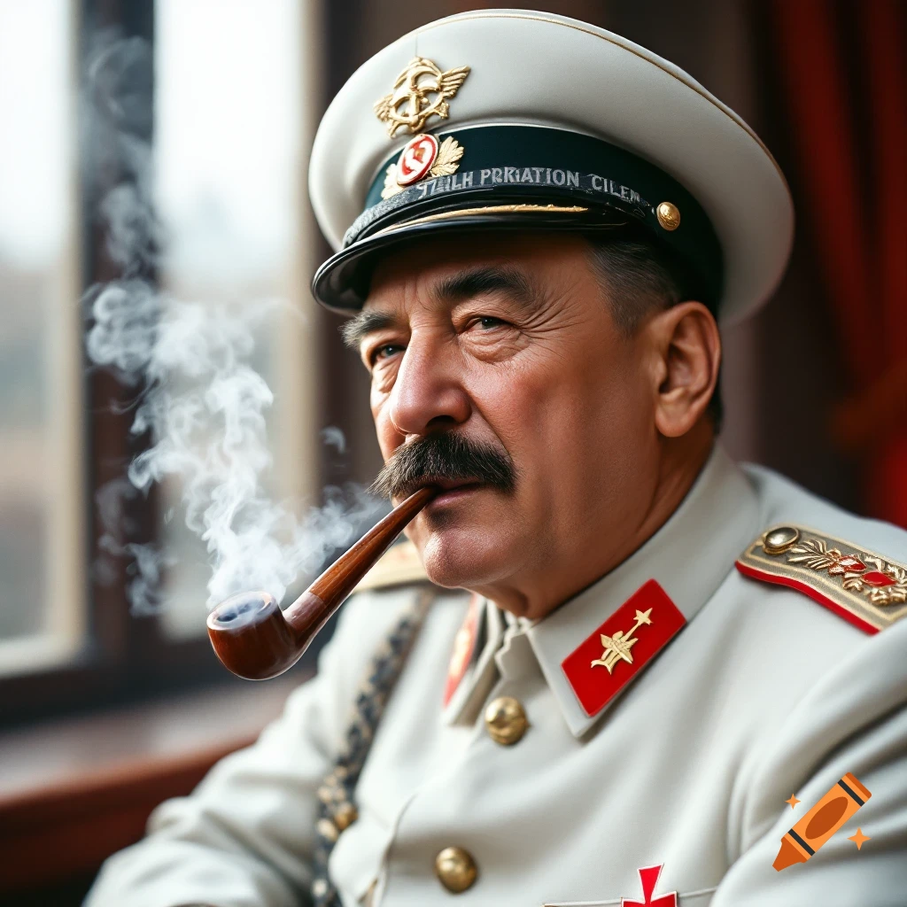 Portrait of Joseph Stalin wearing a military uniform and smoking a pipe