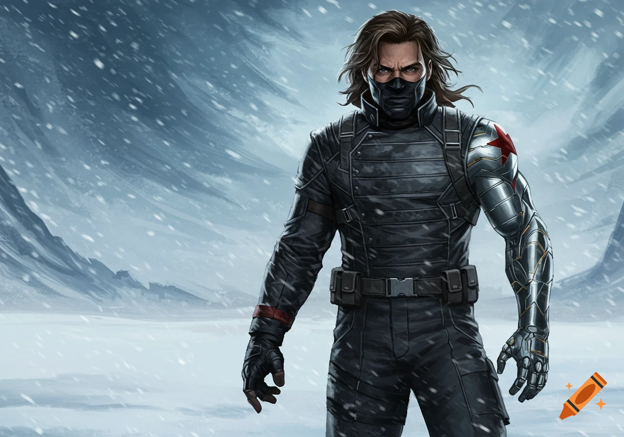 Illustration of The Winter Soldier standing in a snowy landscape, wearing his mask and metal arm.