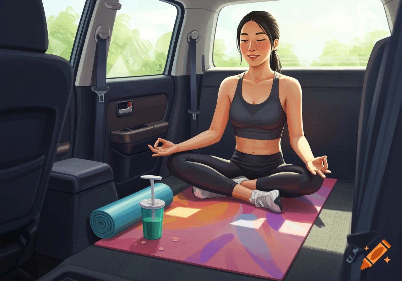 Woman meditating on a yoga mat in the back of a car, illustration.